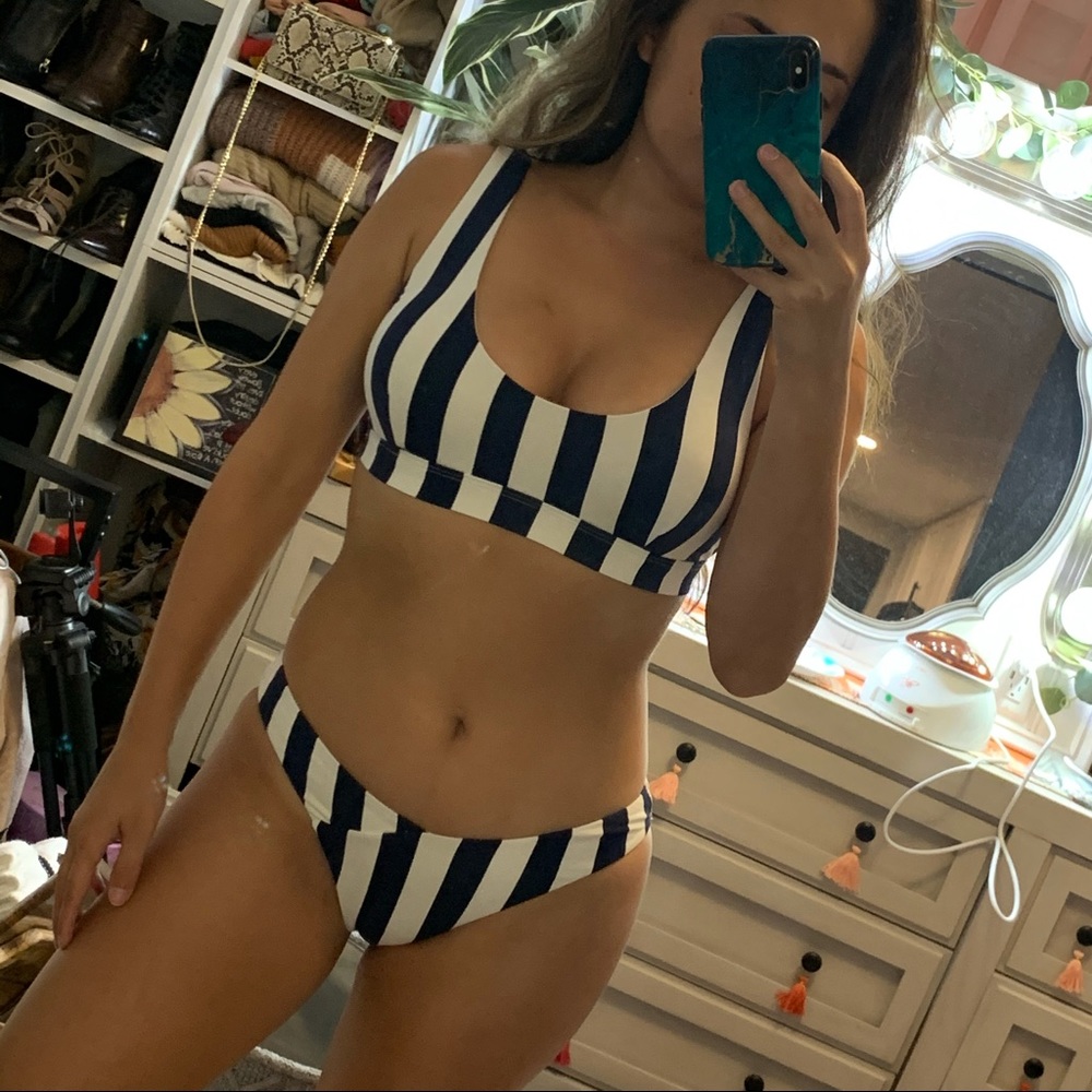 Navy and white striped bikini